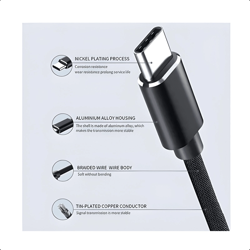 CABLE TRENZADO REFORZADO USB C A MICRO USB 3 METROS NEGRO - 3