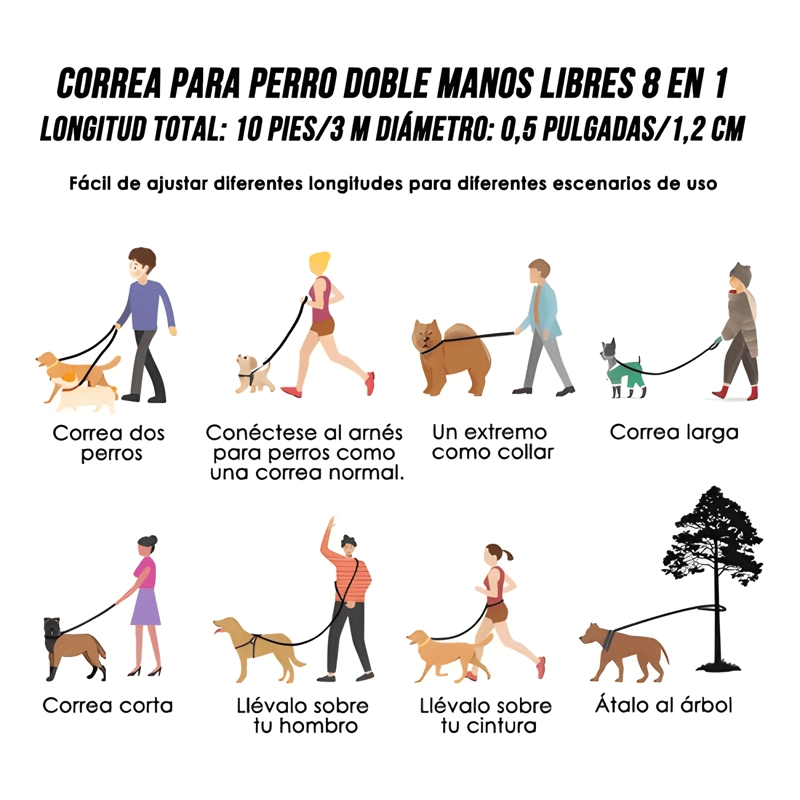 CORREA LARGA 8 EN 1 DOBLE EXTREMO 3MTS PERROS MASCOTAS 360° - 2