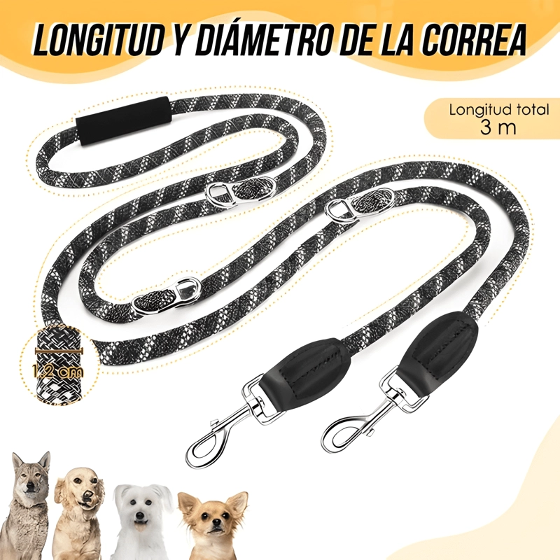 CORREA LARGA 8 EN 1 DOBLE EXTREMO 3MTS PERROS MASCOTAS 360° - 3