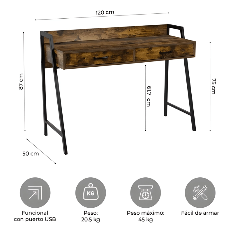 ESCRITORIO INDUSTRIAL USB TOP LIVING DESK-23 MARRON - 1