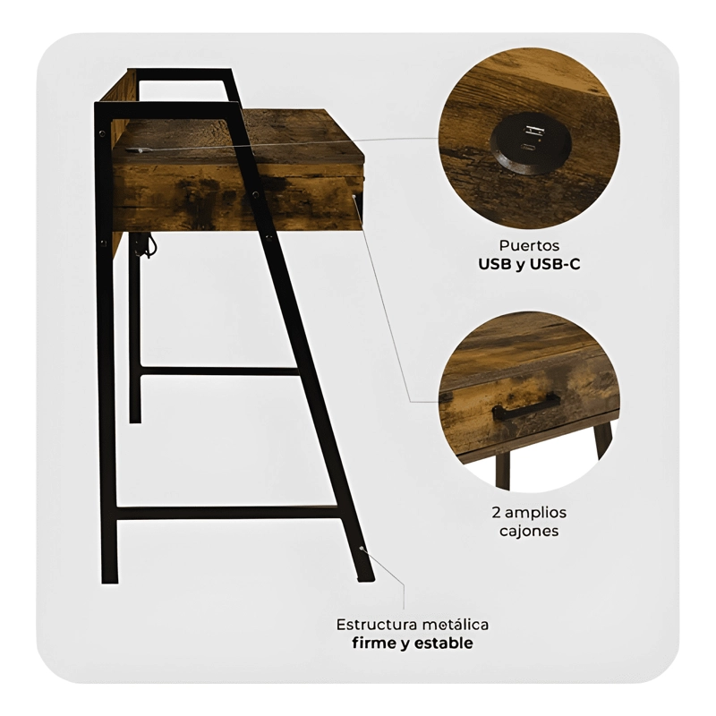 ESCRITORIO INDUSTRIAL USB TOP LIVING DESK-23 MARRON - 3