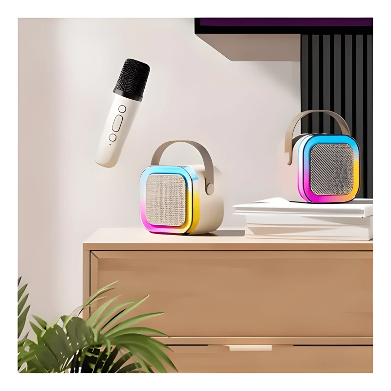 PARLANTE KARAOKE PORTATIL MINI MICROFONO INALAMBRICO BEIGE - 2