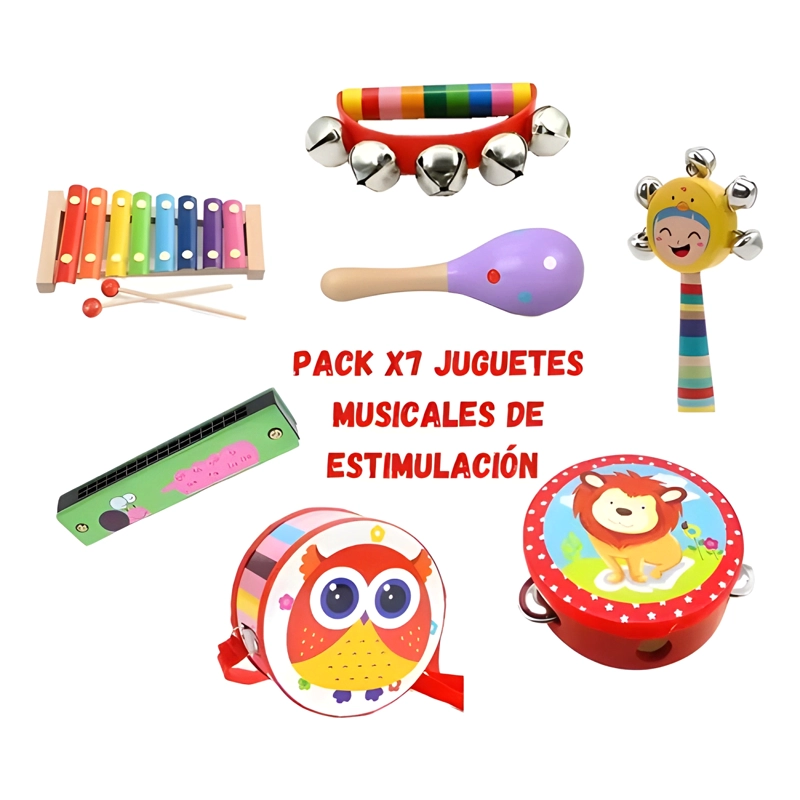 JUGUETES DIDACTICOS MUSICALES PARA NIÑOS MADERA PACK X7 - 1