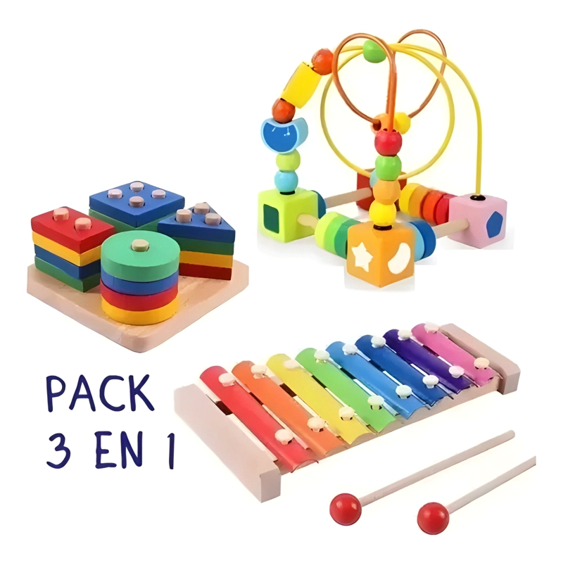 PACK 3 JUEGO DE MADERA ENCAJE Y MOTRICIDAD FINA Y XILOFONO - 1