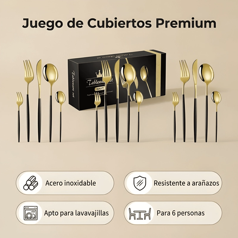 SET 30 PIEZAS CUBIERTOS CUCHILLERIA ACERO INOXIDABLE DORADO - 1