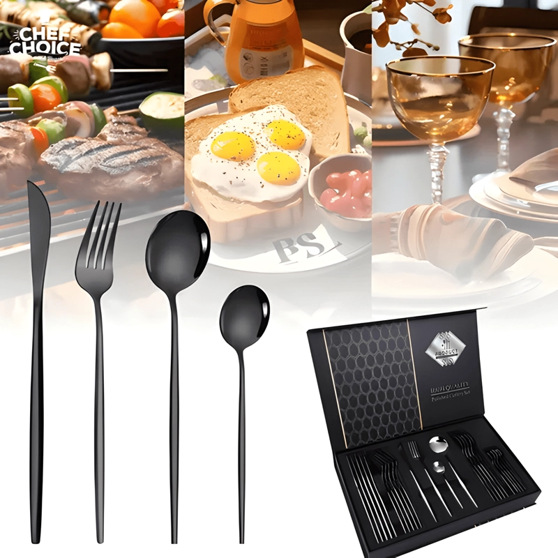 SET CUBIERTOS ACERO INOXIDABLE ELEGANTE 24PCS NEGRO - 1