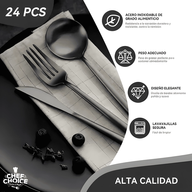 SET CUBIERTOS ACERO INOXIDABLE ELEGANTE 24PCS NEGRO - 2