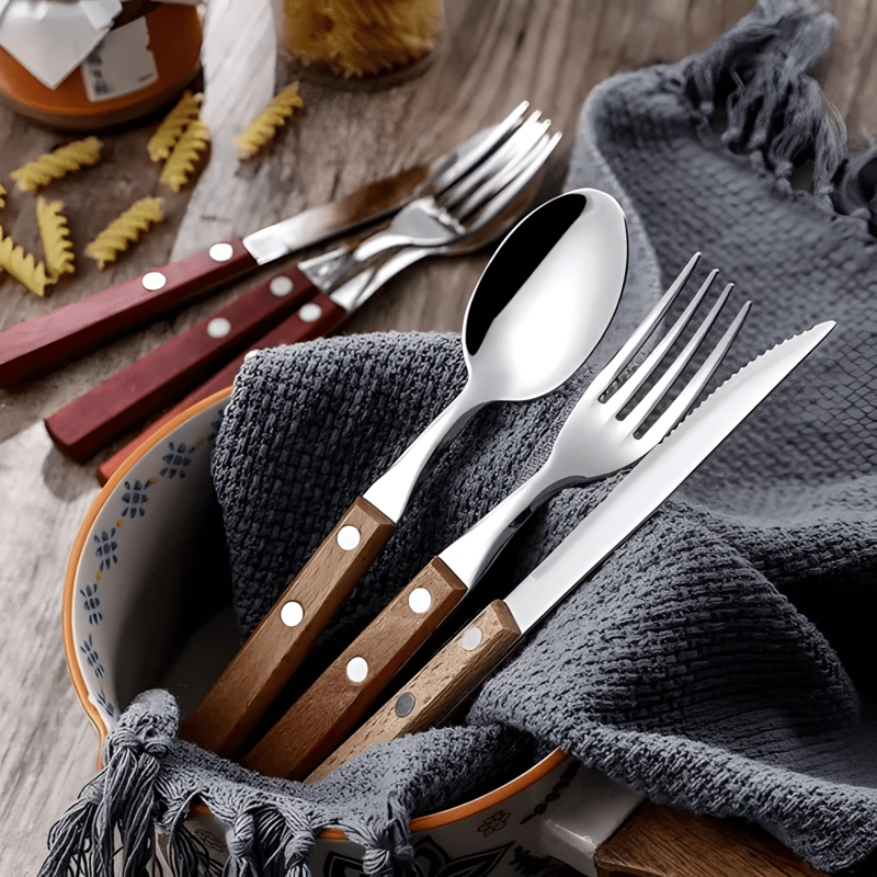 SET DE CUBIERTOS PARA ASADO 18PIEZA CUCHILLERIA MANGO MADERA - 2