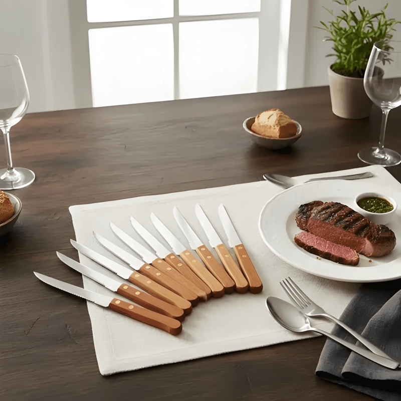 CUCHILLOS ACERO INOXIDABLE CUBIERTOS MADERA ASADO PACK X12 - 1