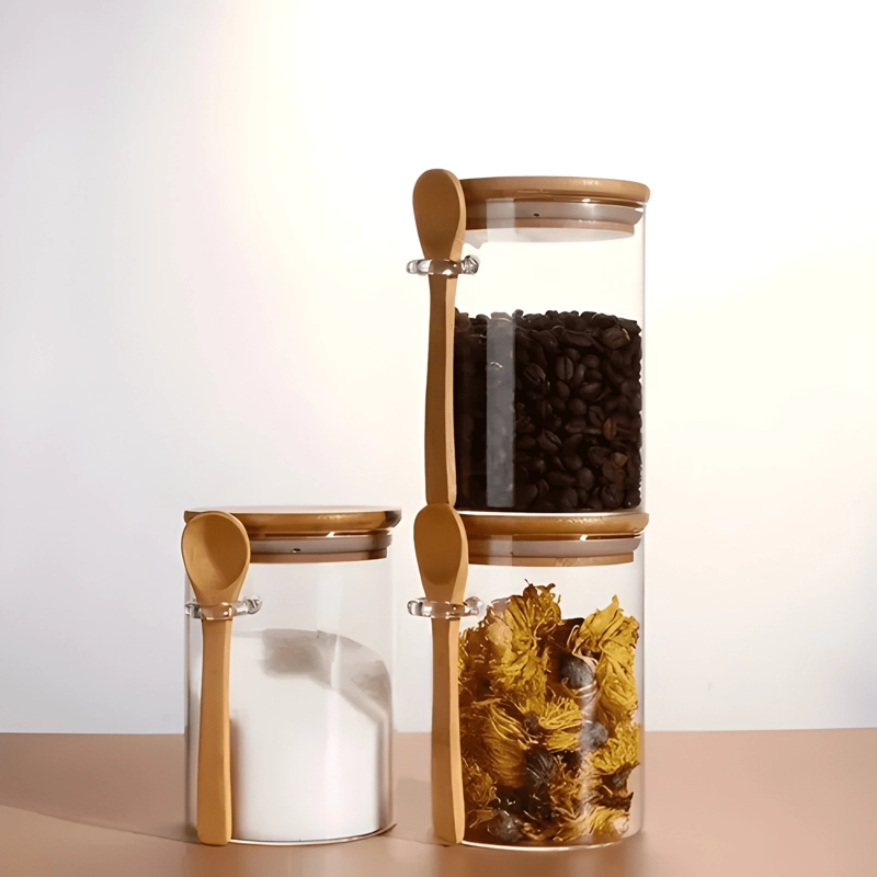 PACK 2 RECIPIENTES VIDRIO TAPA BAMBU CON CUCHARA #1 - 1