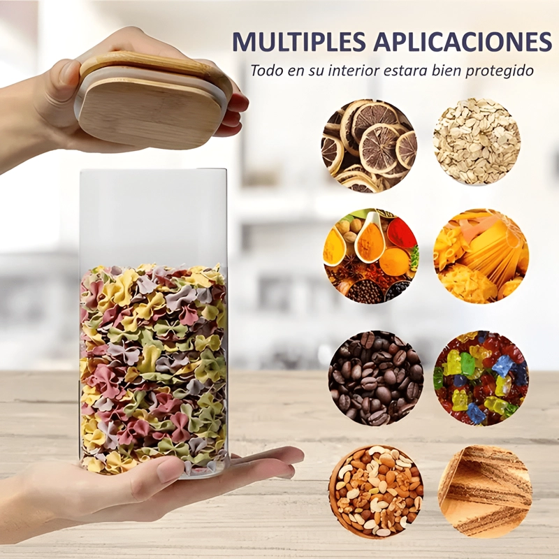 SET 4 CONTENEDORES VIDRIO HERME TICOS TAPA BAMBU - 3