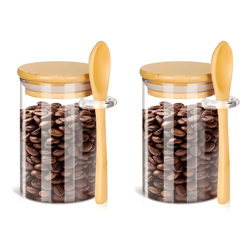 SET 6 FRASCOS VIDRIO 400 ML TAPA BAMBU CON CUCHARA - 1