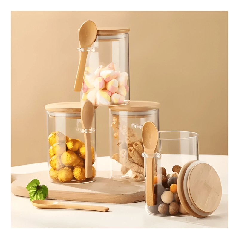 SET 6 FRASCOS VIDRIO 400 ML TAPA BAMBU CON CUCHARA - 3