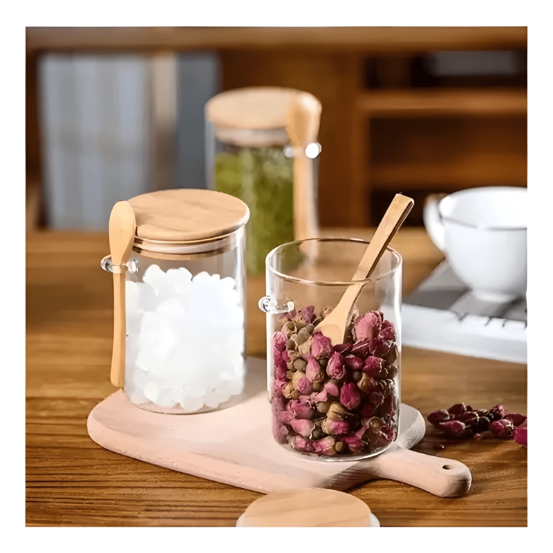 SET 6 FRASCOS VIDRIO 400 ML TAPA BAMBU CON CUCHARA - 4