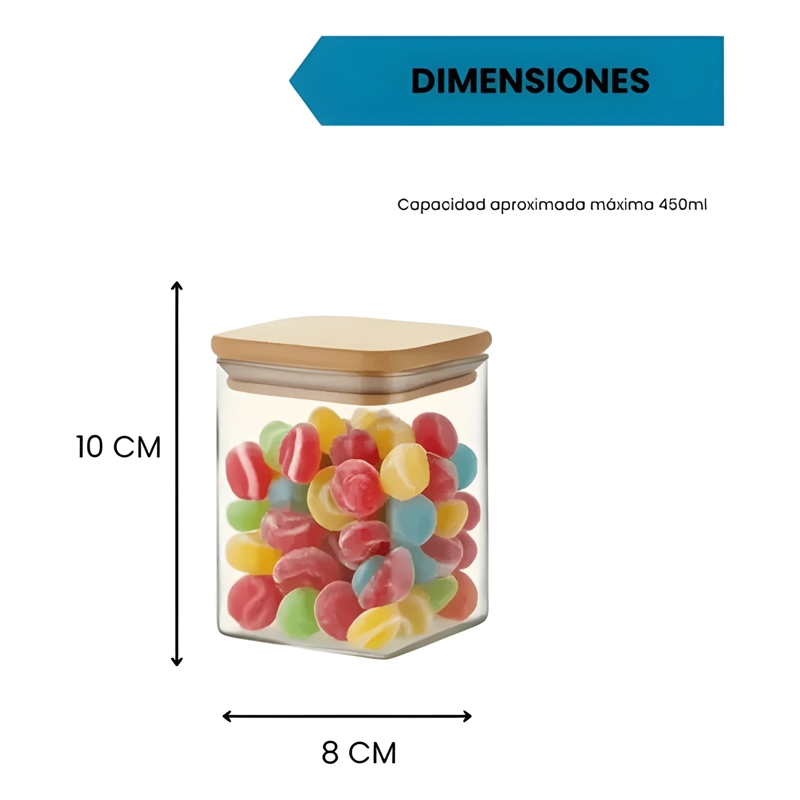 FRASCO HERME TICO CUADRADO TAPA BAMBU 6U, TRANSPARENTE - 2