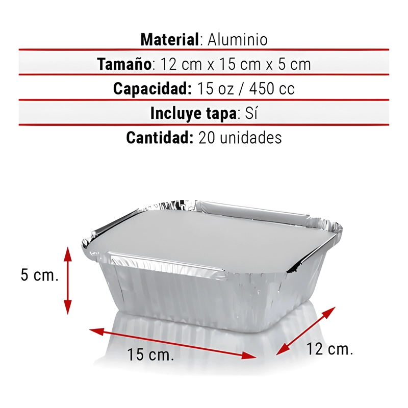 CONTENEDOR ENVASE ALUMINIO C10 CON TAPA 20U, PLATEADO - 1