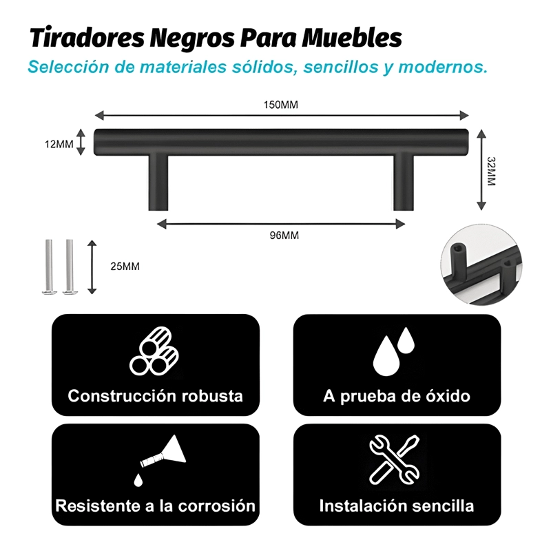 JALADERA DE BARRA ACERO INOXIDABLE 20 PIEZAS, NEGRA - 2