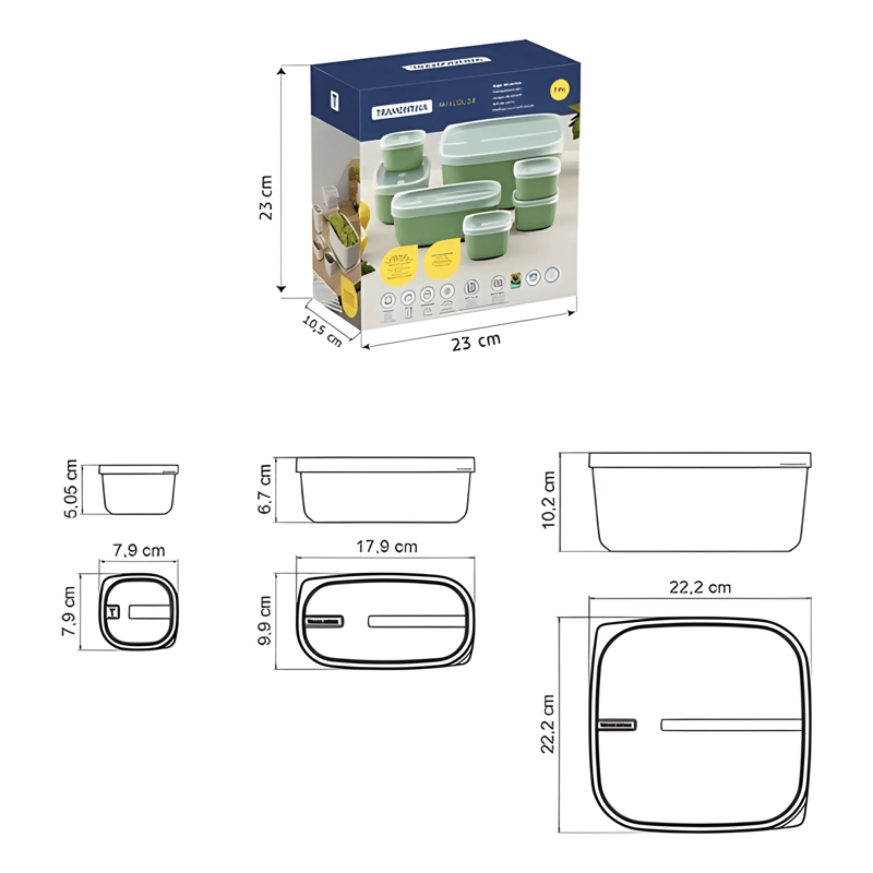 JUEGO 7 POTES POLIPROPILENO CON TAPA, VERDE Y TRANSPARENTE - 1