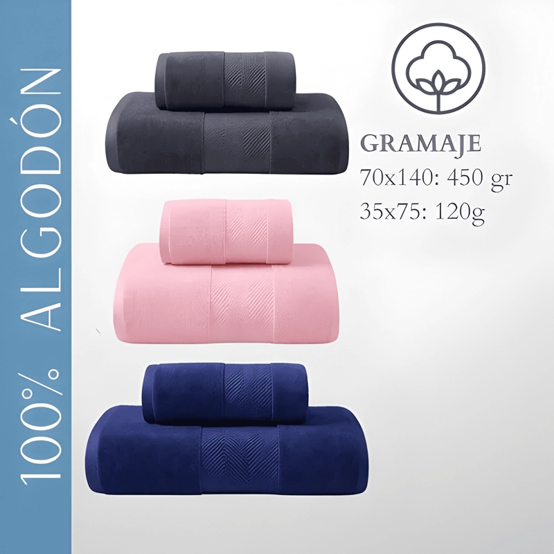 SET 2 TOALLA BAÑO+MANO 100% ALGODON ALTA ABSORCION PREMIUM - 1
