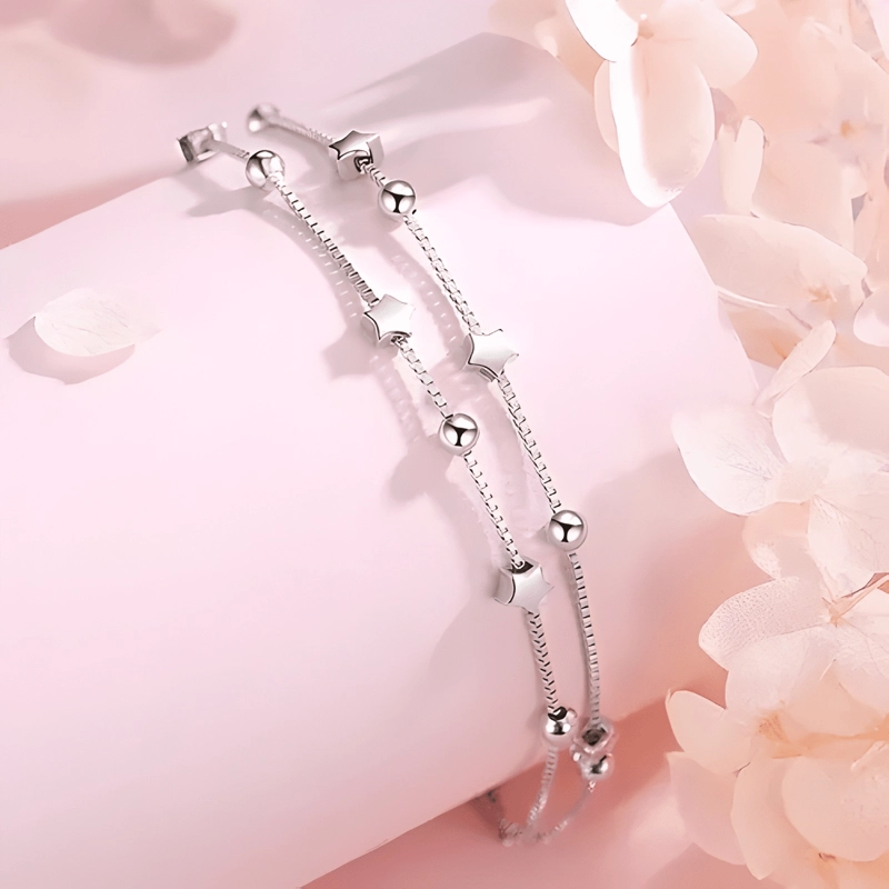 PULSERA ESTRELLAS Y ESFERAS DE PLATA 925 CON BOLSA Y PAÑO - 4