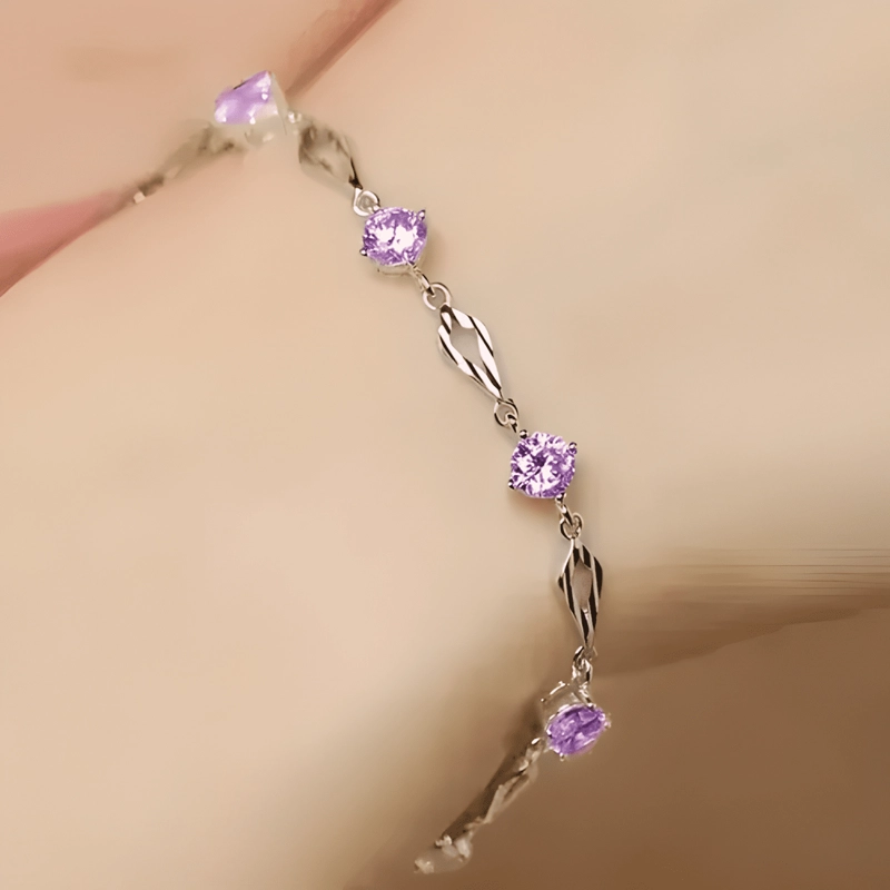 PULSERA DE PLATA FINA 925 AMATISTA +CAJA REDONDA LILA #10 - 4