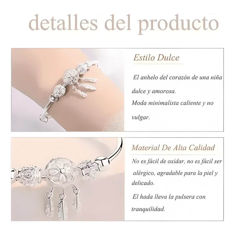 PULSERA ATRAPASUEÑOS PLATA CON BORLA DE PLUMAS MUJER JOYAS - 1