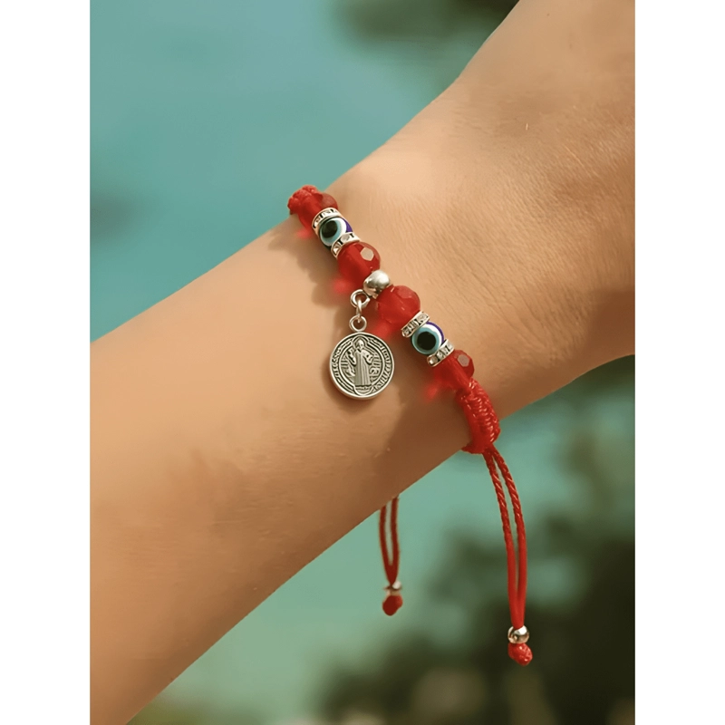PULSERA HILO SAN BENITO OJO TURCO CRISTALES ROJOS ROJO - 3