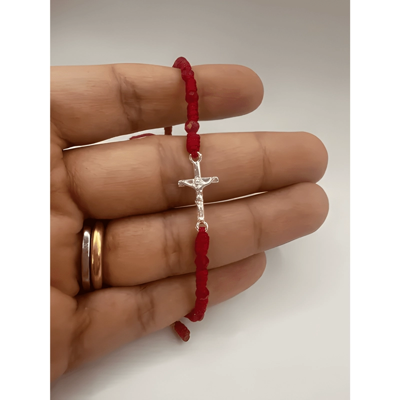PULSERA CRUZ CRISTO PLATA 925 HILO CON CRISTALES ROJOS - 2