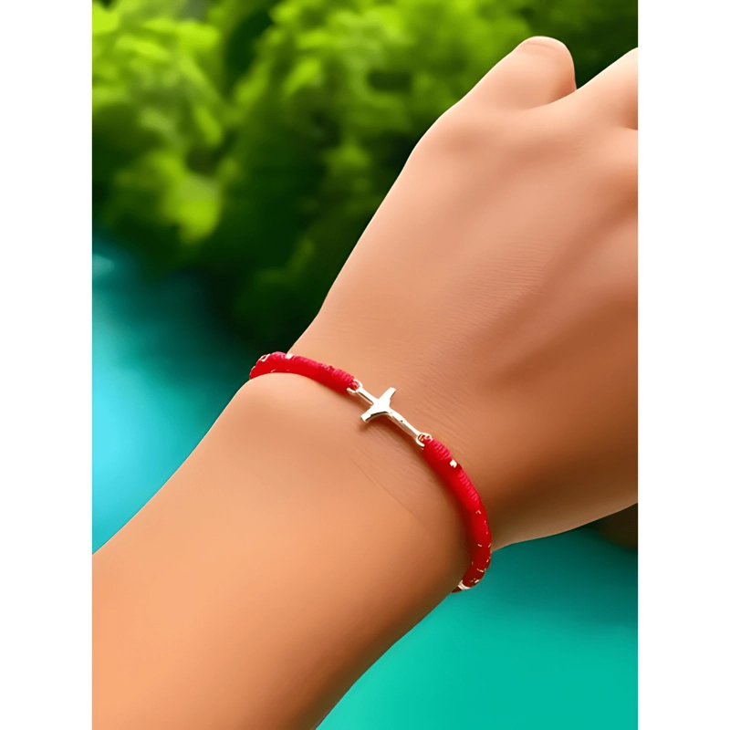 PULSERA CRUZ CRISTO PLATA 925 HILO CON CRISTALES ROJOS - 4