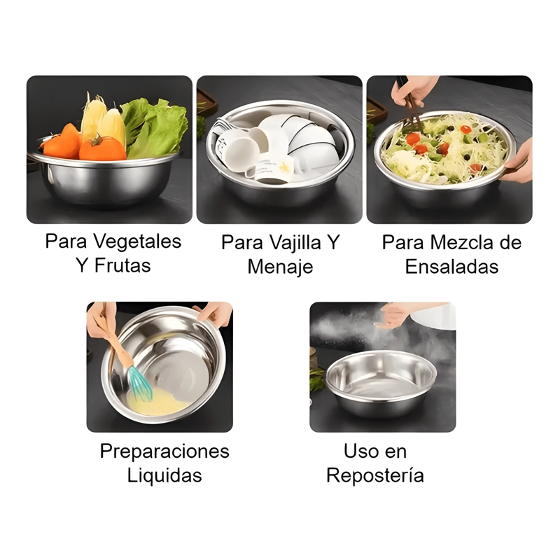BOWL COCINA REPOSTERIA ENSALADA ACERO 30 26 24 CM PACK X 3 - 4