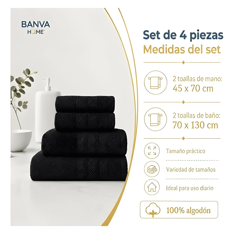 JUEGO 4 TOALLA BANO ALGODON MANOS TOALLON CUERPO 400GR NEGRO - 1