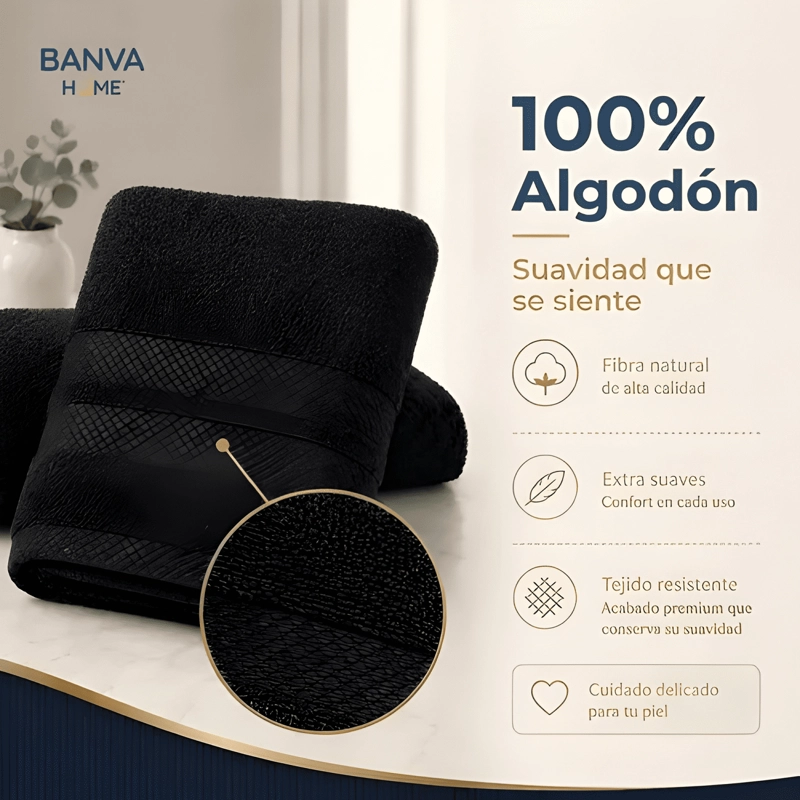 JUEGO 4 TOALLA BANO ALGODON MANOS TOALLON CUERPO 400GR NEGRO - 2