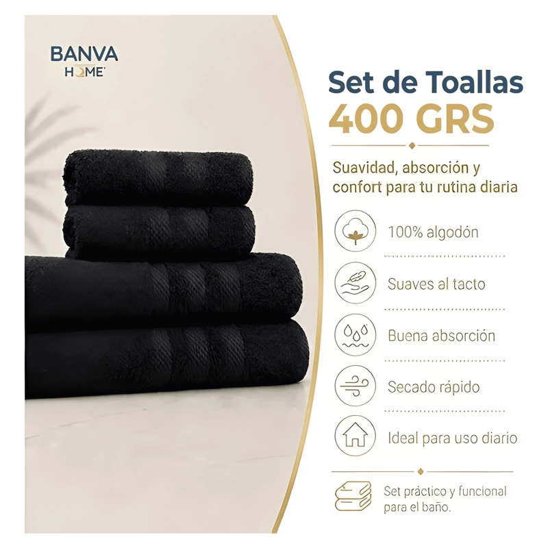 JUEGO 4 TOALLA BANO ALGODON MANOS TOALLON CUERPO 400GR NEGRO - 4