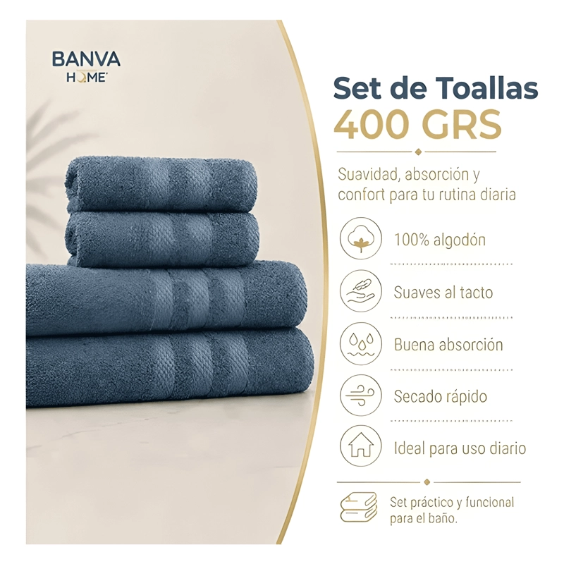 JUEGO 4 TOALLA BANO ALGODON MANOS TOALLON CUERPO SKY 400GR - 4