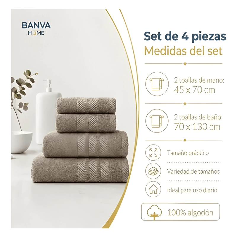 JUEGO 4 TOALLA BANO ALGODON MANOS TOALLON CUERPO 400GR BEIGE - 1