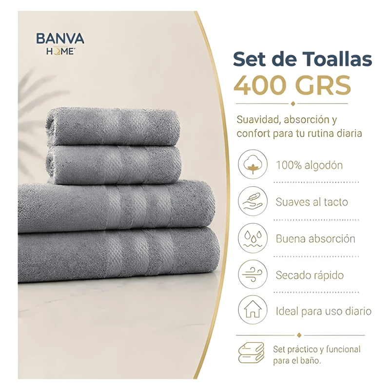 JUEGO 4 TOALLA BANO ALGODON MANOS TOALLON CUERPO 400GR GRIS - 4