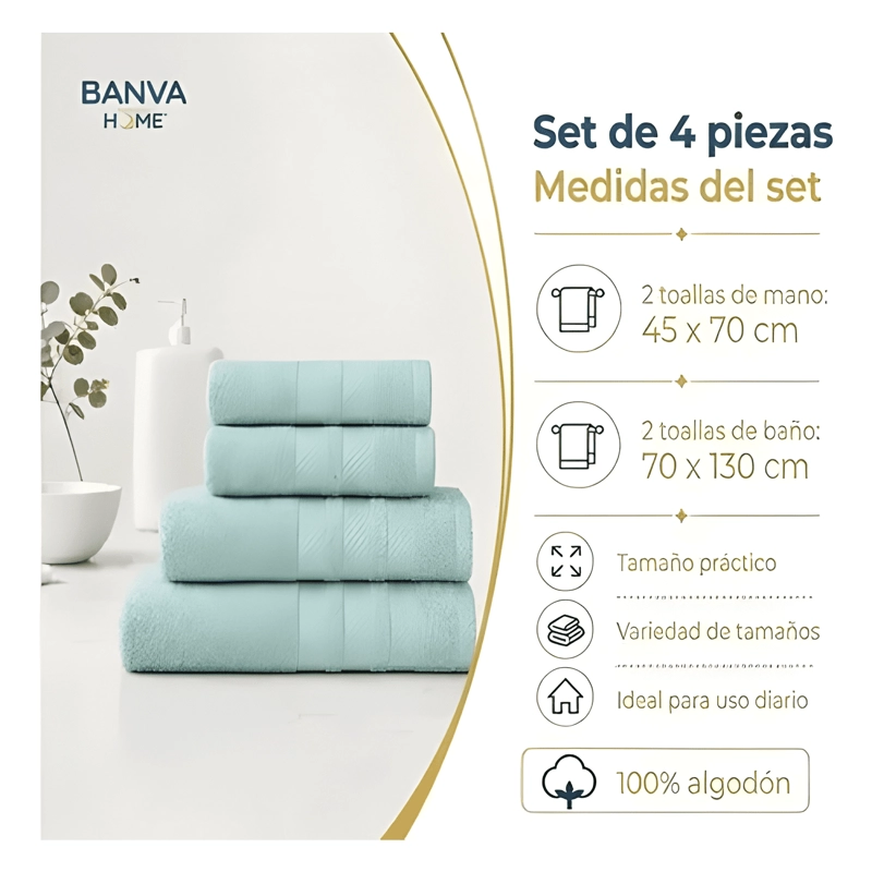 JUEGO 4 TOALLA BANO ALGODON MANOS TOALLON CUERPO 400GR MENTA - 1