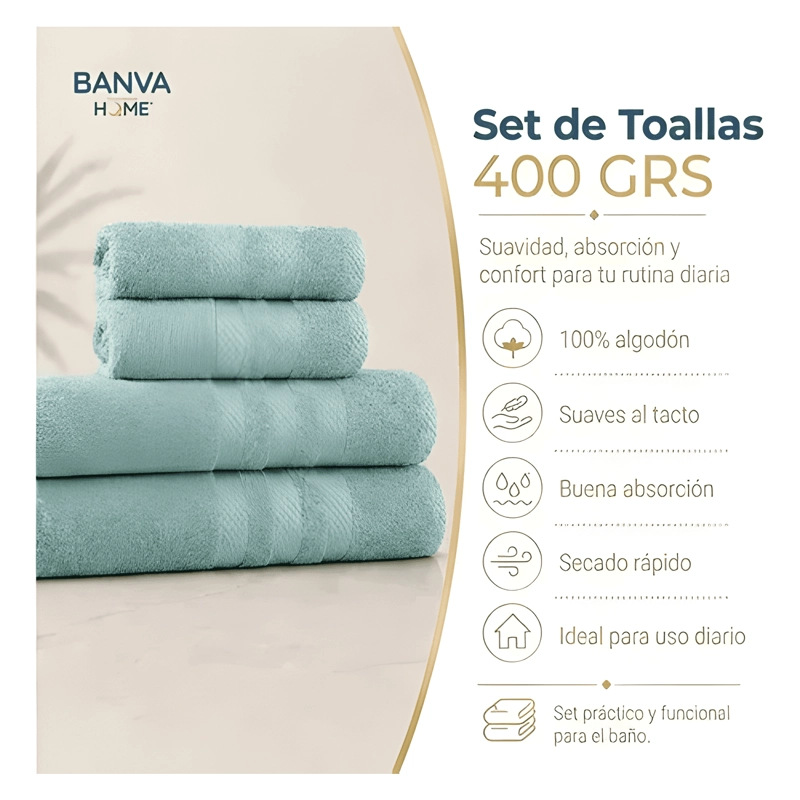 JUEGO 4 TOALLA BANO ALGODON MANOS TOALLON CUERPO 400GR MENTA - 4