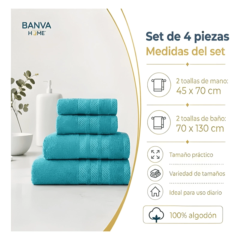 JUEGO 4 TOALLA BANO ALGODON MANOS TOALLON CUERPO 400GR - 2