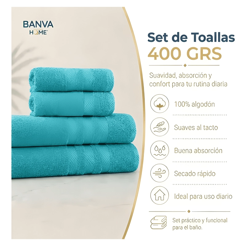 JUEGO 4 TOALLA BANO ALGODON MANOS TOALLON CUERPO 400GR - 4