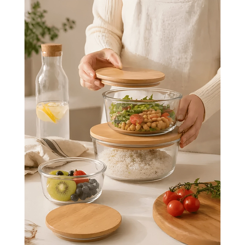 SET BOWLS VIDRIO HERME TICOS TAPA BAMBU 3 PIEZAS COCINA - 1