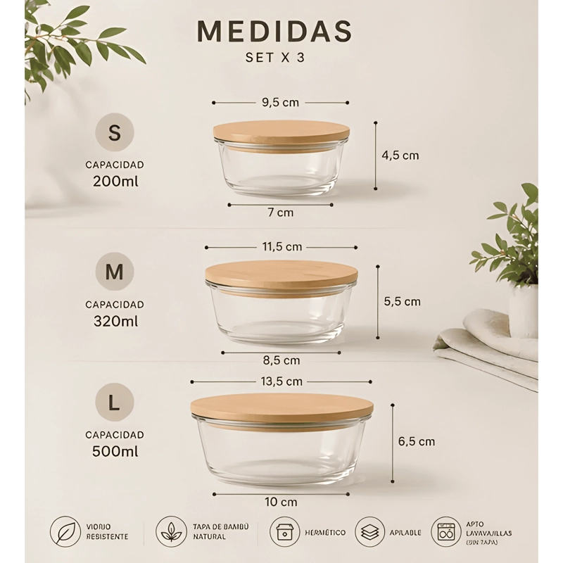 SET BOWLS VIDRIO HERME TICOS TAPA BAMBU 3 PIEZAS COCINA - 2