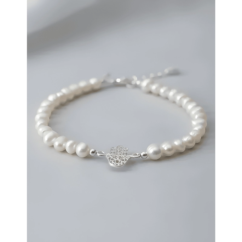 PULSERA PLATA 925 MANO DE FATIMA PERLAS DE RIO NATURAL MUJER - 1