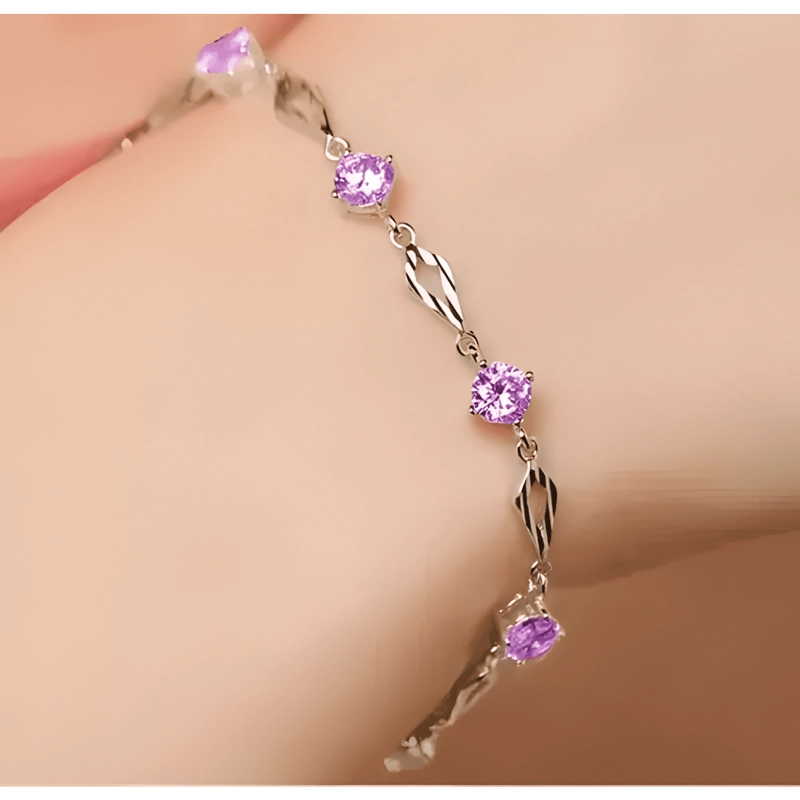 PULSERA DE PLATA FINA 925 AMATISTA +CAJA REDONDA LILA #3 - 1