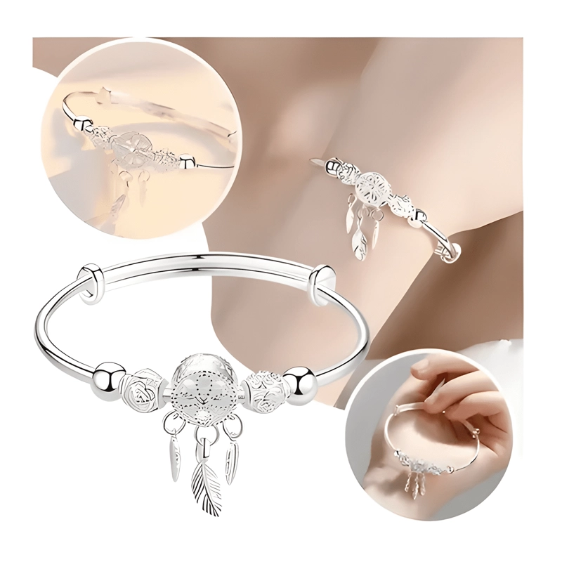 PULSERA ATRAPASUEÑOS PLATA CON BORLA, DISEÑO DE PLUMAS - 1