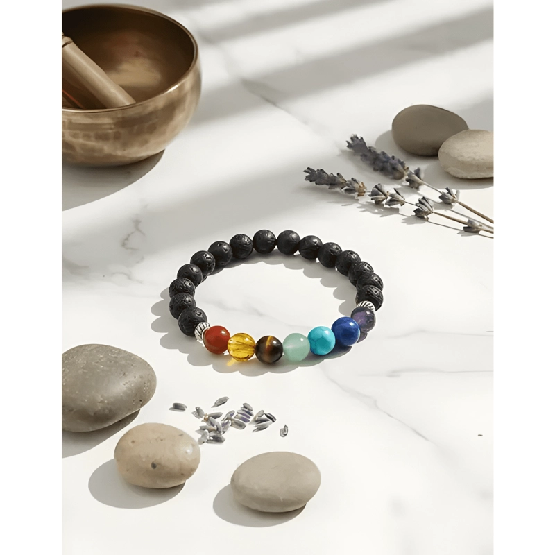 PULSERA 7 CHAKRAS PIEDRA VOLCANICA LAVA NATURAL UNISEX - 2
