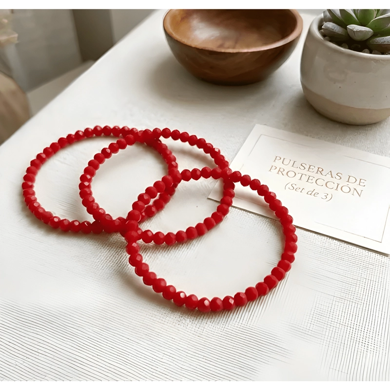 PACK 3 PULSERAS ELASTICAS CRISTALES ROJOS PROTECCION MUJER - 2