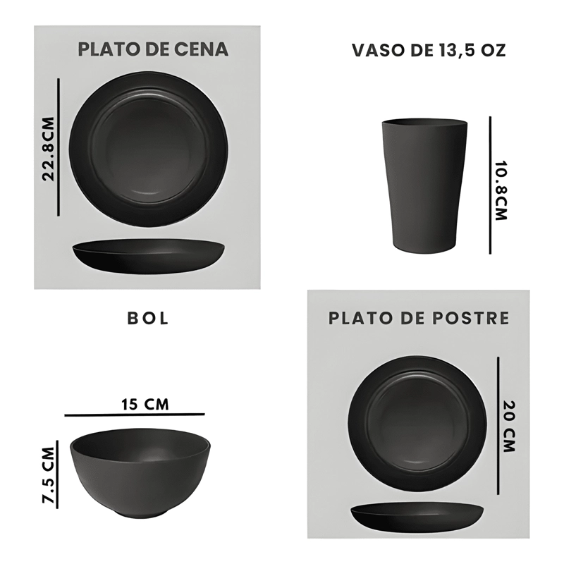 JUEGO VAJILLA DE 16 PIEZAS PLASTICO LISA NEGRO - 2