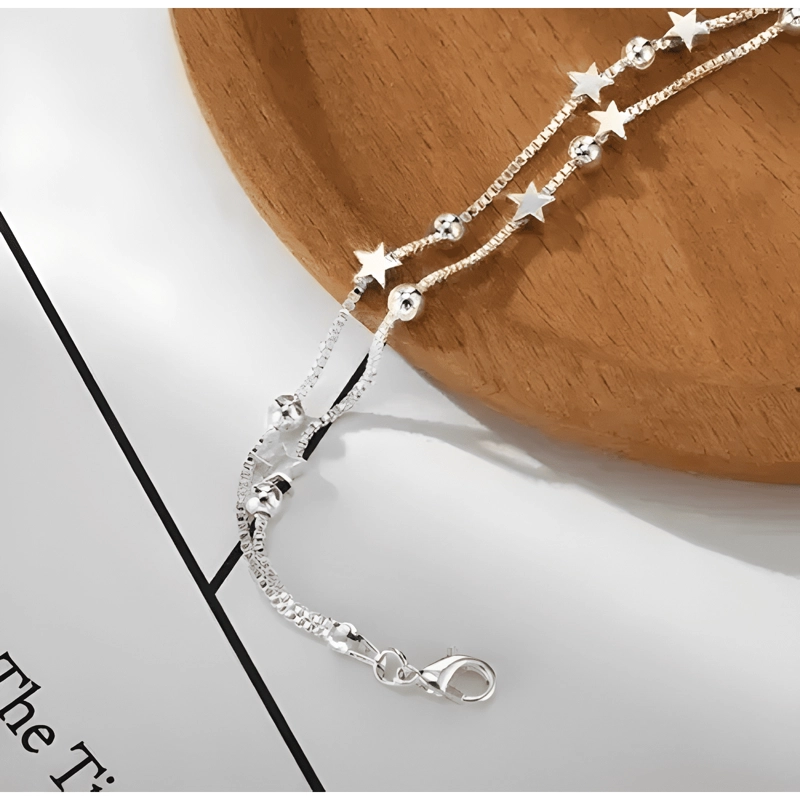 PULSERA ESTRELLAS Y ESFERAS DE PLATA LEY 925 + BOLSA + #4 - 3