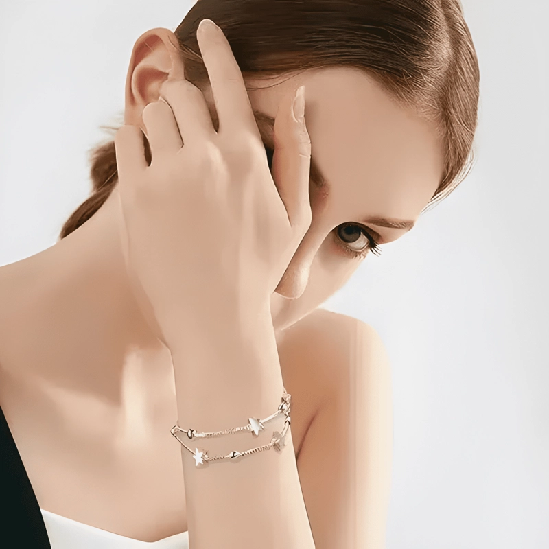 PULSERA ESTRELLAS Y ESFERAS DE PLATA LEY 925 + BOLSA + #4 - 4